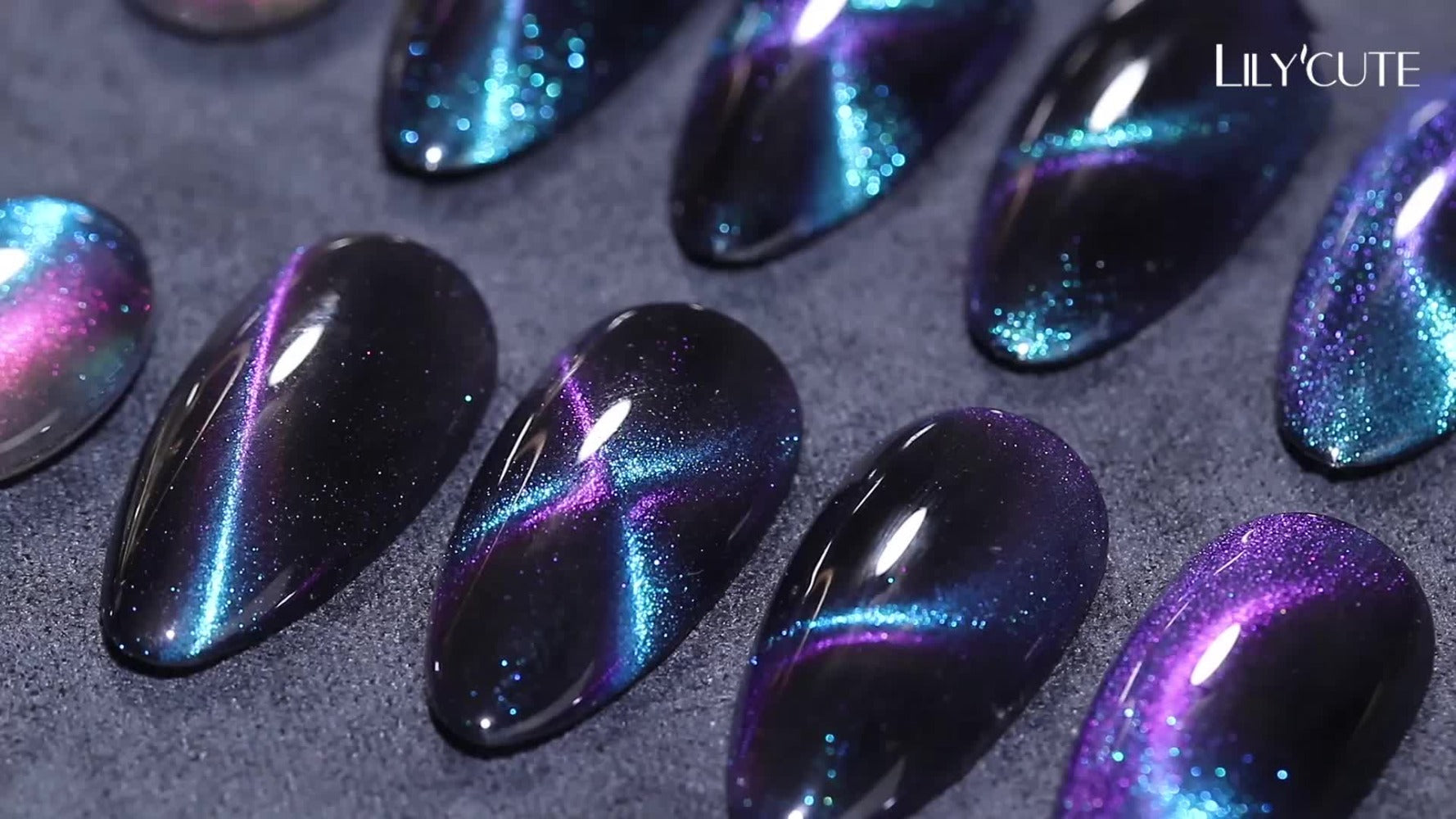 LILYCUTE 0.24oz 8pcs of Black Crystal Cat Magnetic Gel Nail Polish with Aurora Glitter, Semi-Permanent Gel for Nail Art, No Base Color Required