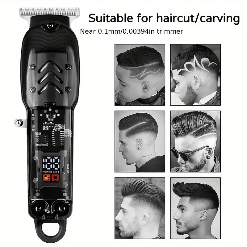 Electric Hair Clipper for Men & Women — Rechargeable Professional Trimmer with LED Display, Transparent Shell Design, Portable Haircut Kit for Home & Salon Use
