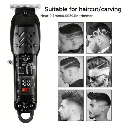 Electric Hair Clipper for Men & Women — Rechargeable Professional Trimmer with LED Display, Transparent Shell Design, Portable Haircut Kit for Home & Salon Use