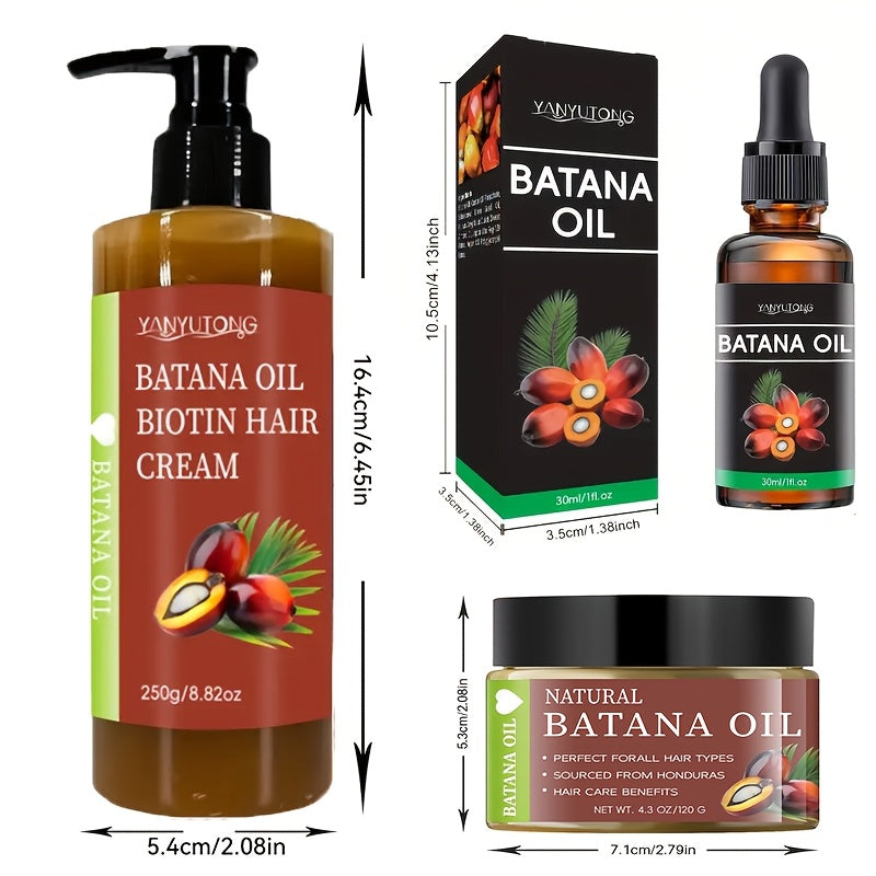 [Make Hair Look Thicker] 3pcs Honduras Batana Hair Cream And Batana Hair Oil And Batana Essential Oil, Pure Cold-Pressed Extract Containing Biotin to Nourish The Scalp And Hair, Strengthen And Prevent Breakage And Split Ends, Add Luster