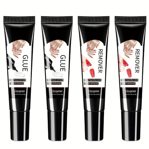 Nail Glue & Remover Kit 4pcs - 2x Semi-Solid Gel Nail Glue 10g + 2x Nail Polish Remover 10ml, Quick-Drying No-Lamp Press-On Nail Adhesive, Long-Lasting Strong Bond for Fake & Acrylic Nails