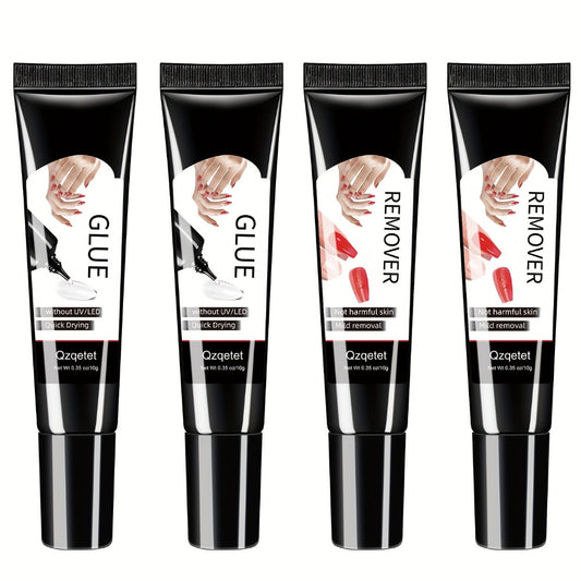 Nail Glue & Remover Kit 4pcs - 2x Semi-Solid Gel Nail Glue 10g + 2x Nail Polish Remover 10ml, Quick-Drying No-Lamp Press-On Nail Adhesive, Long-Lasting Strong Bond for Fake & Acrylic Nails