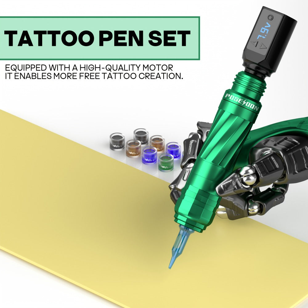 POSEIDON Tattoo V3 PRO Tattoo Pen Kit - POSEIDON Battery Tattoo Pen with Extra Battery 1400mAh, Tattoo Gun Kit with Tattoo Power Supply And 20pcs Tattoo Cartridge Needles, Complete Tattoo Kit 6 Color Tattoo Inks Tattoo Supplies for Beginners, Professional