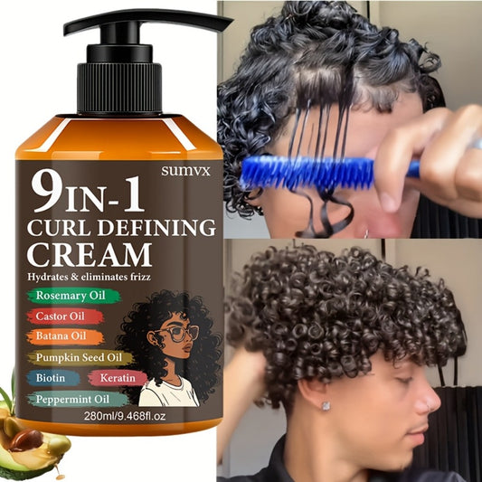 1 Bottle 9-in-1 Curl Defining Cream | Moisturizing, Long-lasting Hold, Frizz Control, Non-greasy, Stylish Bottle Design, Suitable for Normal, Wavy, and Curly Hair, Unisex-Adult