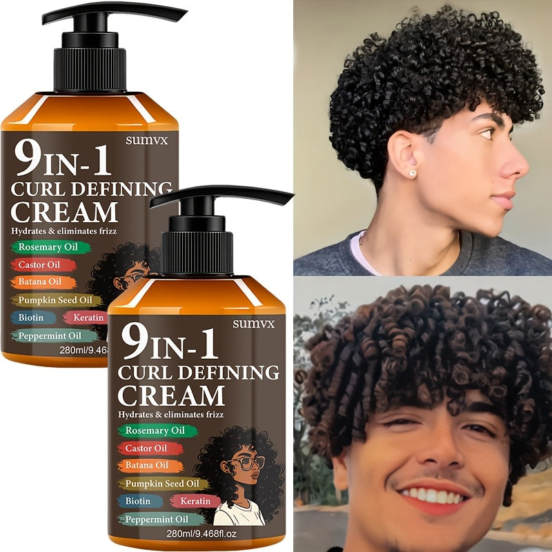 2pcs-9.468fl.oz, 9-in-1 Curl Defining Cream | Moisturizing, Adult Curl Styling Cream | 1 Bottle, Long-lasting Hold, Frizz Control, Non-greasy, for Styling Normal, Wavy And Curly Hair, Stylish Bottle Design, Suitable for Both Men And Women.