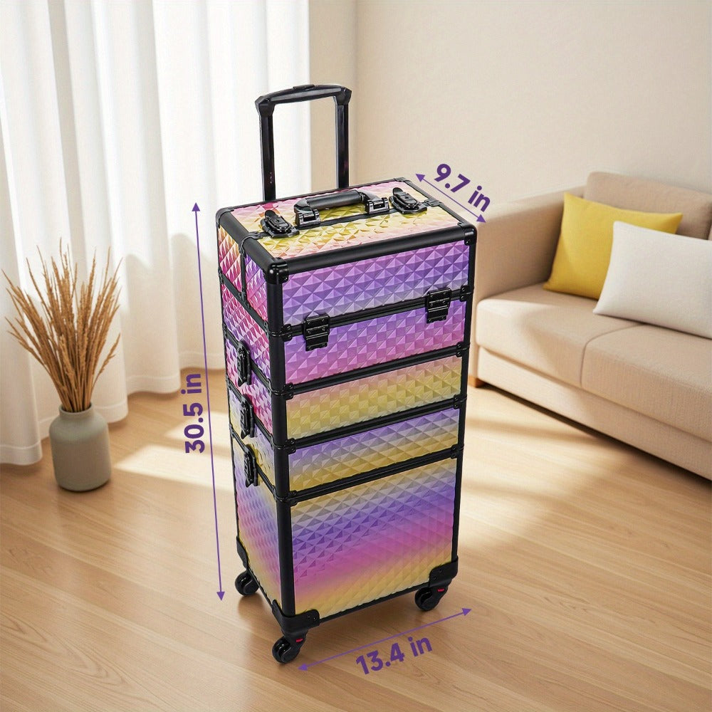 All-In-One Makeup Kit : 4-In-1 Rolling Makeup Train Case with Beauty Sponge, Large Portable Cosmetic Trolley with 360° Wheels, Professional Salon & Travel Storage Organizer