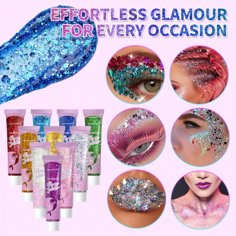 10 Color Set Face & Body Glitter - Cosmetic-Grade Holographic Glitter Gel - Makeup For Festivals, Raves, Anime Cosplay - Safe For Face, Easy Application & Removal