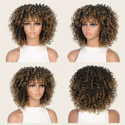 Afro Kinky Curly Wig for Black Women — Short Synthetic Wig with Bangs, 180% High Density, Natural Fluffy Curls, Stretch Cap, Daily Wear & Party, Fits All Head Sizes