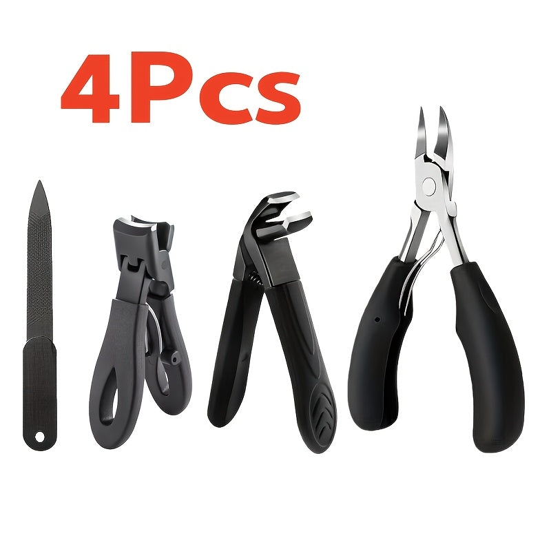 4pcs Heavy-duty Nail Scissors Set for The Elderly-inclined Curved Blade, Anti-splash Design, Extended Handle, Nail File Included, Professional Pedicure Kit