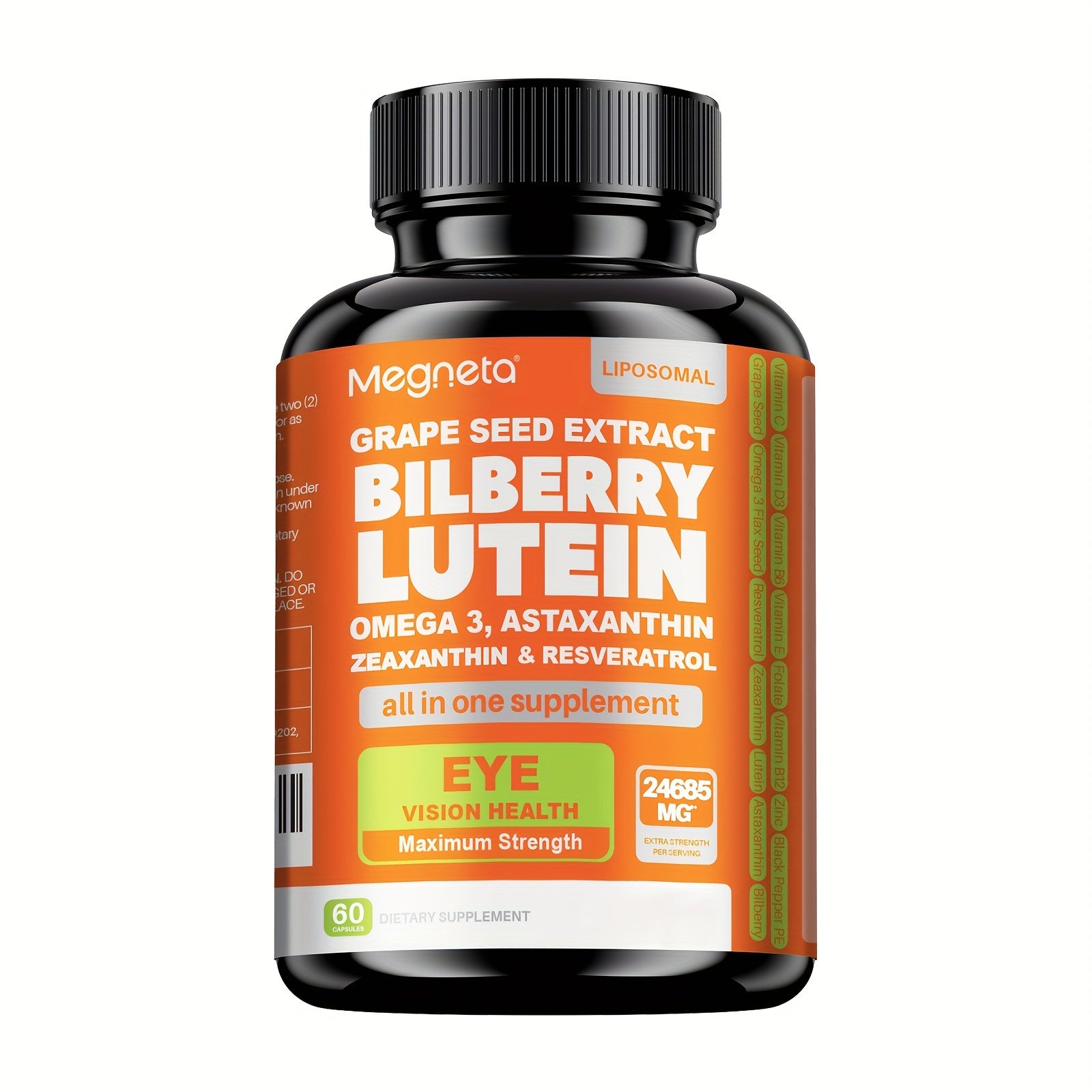 MEGNETA Eye Vitamins Lutein And Zeaxanthin Supplements, 24685 Per Serving | 60 Capsules, Enhanced with Astaxanthin, Omega-3, Bilberry And Resveratrol, Eye Vitamins & Vision Health Support