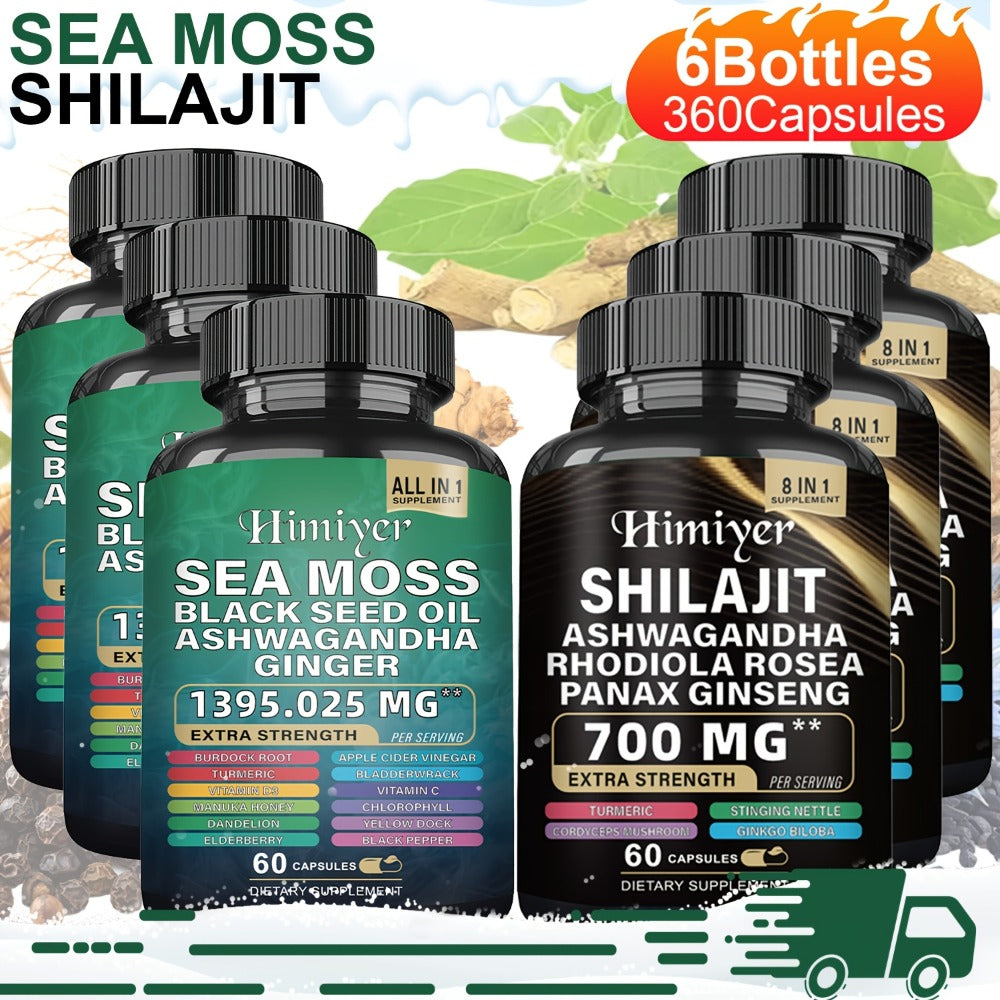 Sports Health Pack, Shilajit And Seamoss Ginger South African Drunken Eggplant Capsule, Sea Moss 350 Mg, Black Seed Oil 200 Mg, Ashwagandha 200 Mg, Ginger And Shilajit 300 Mg, Rhodiola Rosea 100 Mg, 1395mg+700mg Complete Supplement