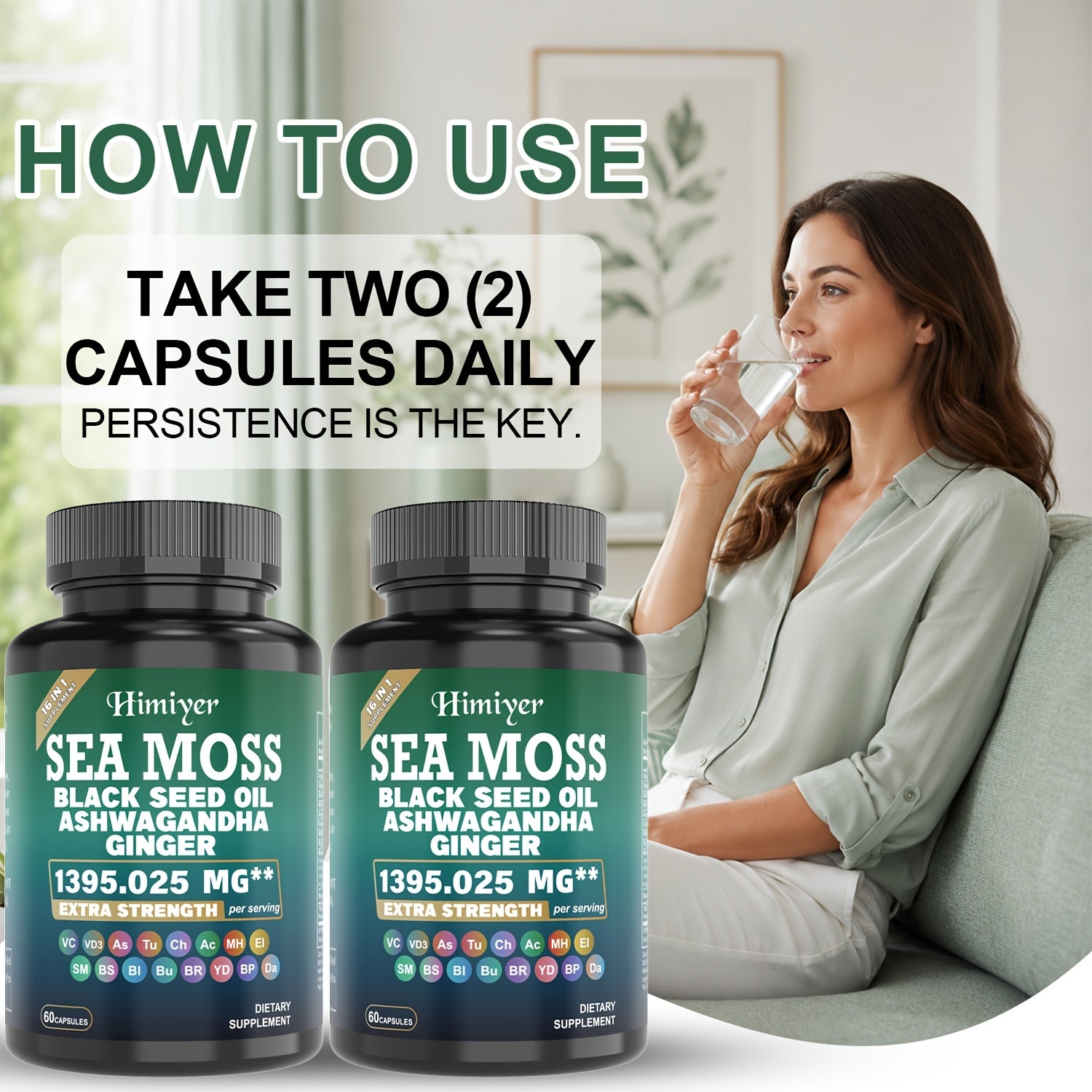 3-Pack SEA MOSS & ASHWAGANDHA Capsules - Contains Black Seed Oil, Ashwagandha, Turmeric, Cinnamon, Vitamins, and Minerals, 16-in-1, Enhances Athletic Performance, Energy, Immunity, and Antioxidant Effects