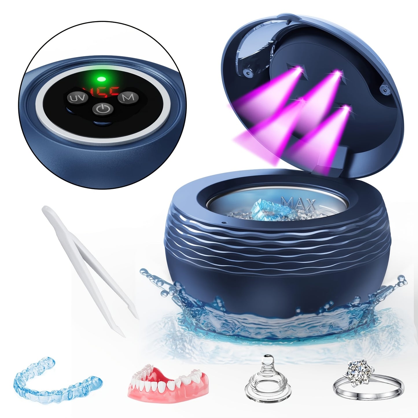 Ultrasonic Retainer Cleaner Machine 45kHz with UV Sanitizer Portable Dental Cleaner for Dentures Retainers Aligners Braces Mouth Guard Jewelry Cleaner 200ml Tank Blue Black White