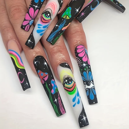 Extra Long Press On Nails 120pcs 5 Boxes Set Cosmic Eyes Crystal Rhinestones Matte Colorful Stripes Floral Pattern Glue-On Wearable Nail Art Festive Gift Set for Women Teens Party Holiday