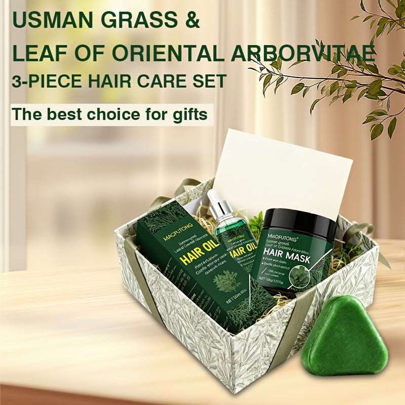 Three Piece Hair Care Combination Set-Usman Herbal Shampoo Bar + Usman Herbal Essence + Usman Herbal Hair Mask Care Set, Deeply Cleanses, Cleans Hair And Scalp, Suitable For Oily Hair Shampoo, Usman Herbal, Can Nourish Hair And Protect Hair Quality