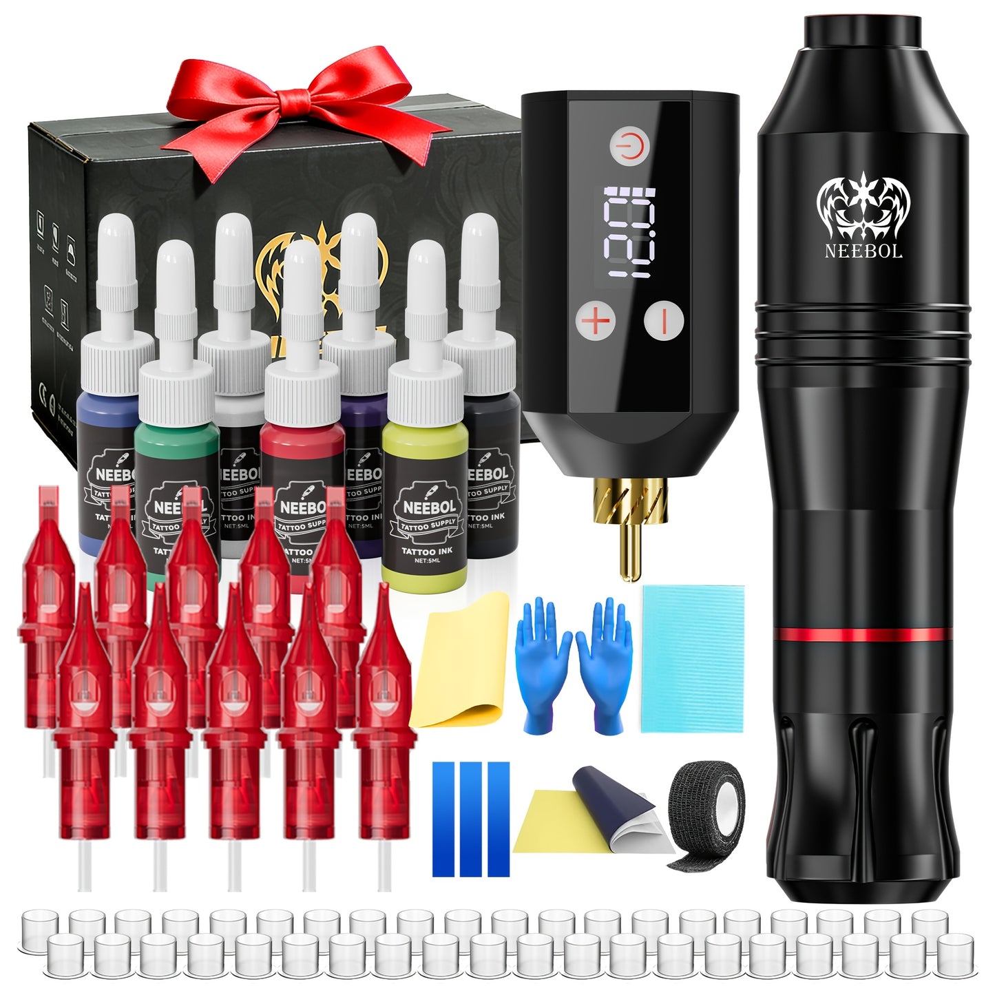 Wireless Tattoo Machine Kit Neebol with Screen Display 6-Hour Battery 10 Red Cartridge Needles 7 Inks Practice Skin Complete Tattoo Pen Gun Set for Beginners Artists Body Art