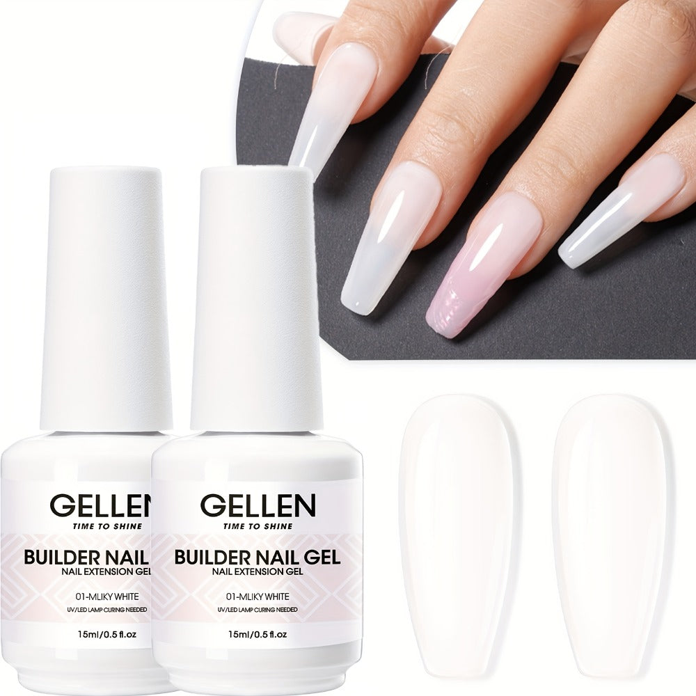 Gellen Builder for Nail Gel, 7-In-1 Clear Gel Builder for Nail Thickening 2pcs, LED for Nail Lamp Cured Hard Gel for Nail Strengthener Extension Gel Base Rhinestone for Nail Glue Gel Soak Off Gel Builder Base for Nail Art, 15Ml 0.51Fl Oz
