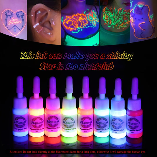 5ml (1/6oz) Fluorescent Tattoo Ink Kit 8 Color Fluorescent Tattoo Ink Kit Safe Non-toxic Fluorescent Ink Stylish Body Art Ink Kit That Glows Under Ultraviolet Light, Professional Tattooing, Glow Tattooing, Vibrant Colors, Artistic Design