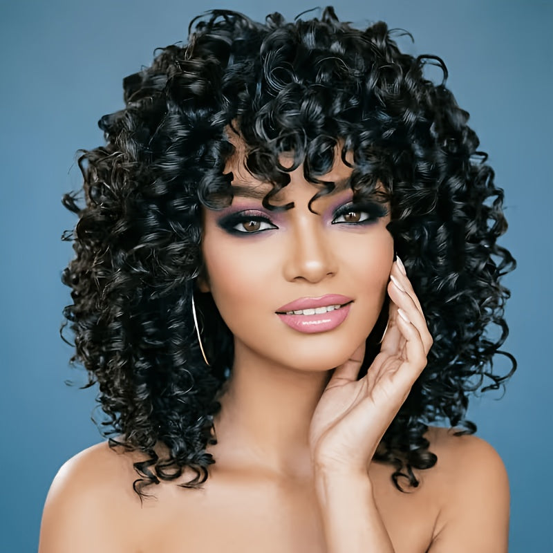 Deep Wave Bob Wig Glueless with Bangs Short Curly - Elastic Band Natural Black Ombre Gray Brown 14 Inch for Women Daily Wear