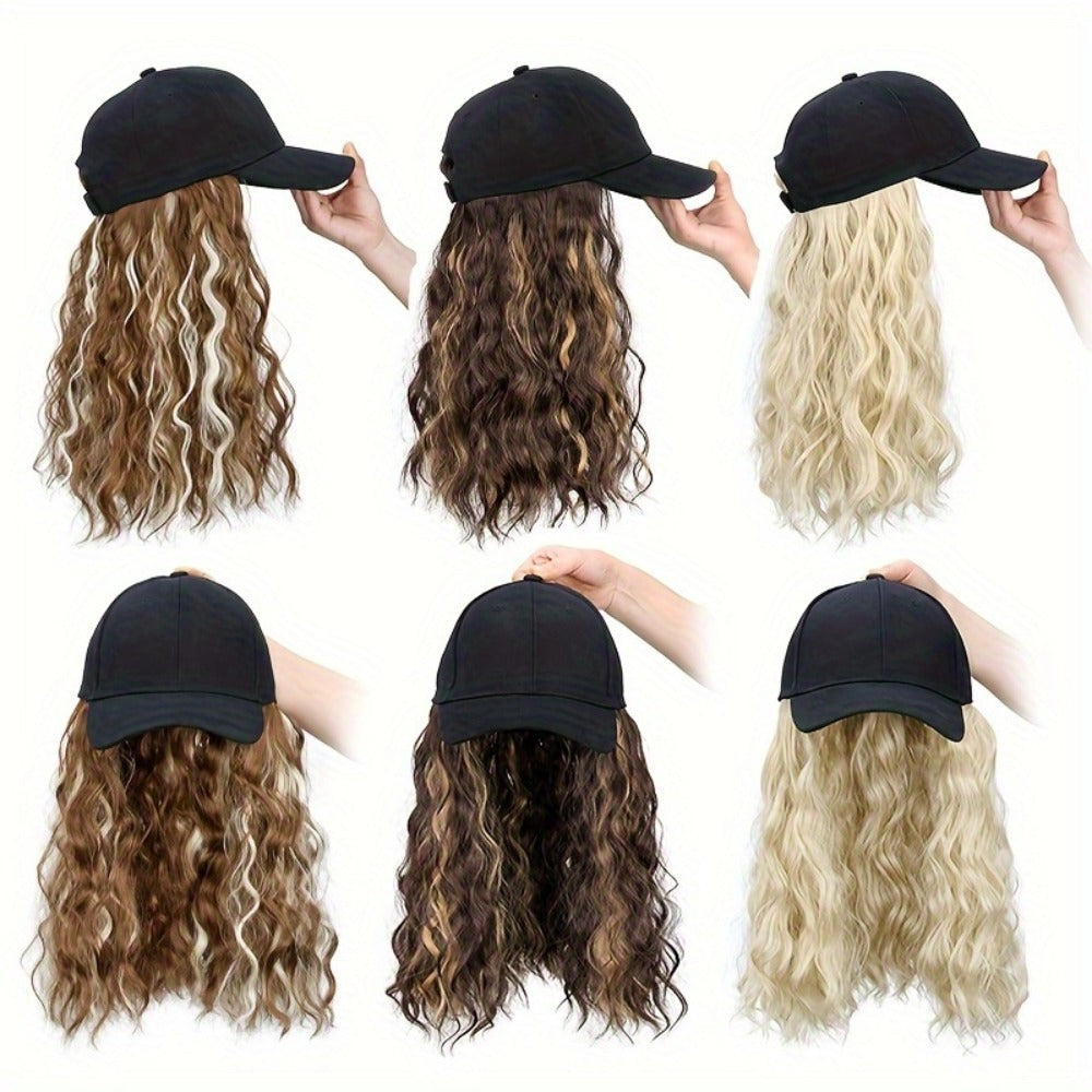 Baseball Cap Wig with Hair Long Curly Wavy Synthetic Wig Adjustable Cap Heat Resistant Elastic Net Base Natural Volume Ombre Highlighted Colors Cosplay Wedding Daily Wear Women 18 Inch