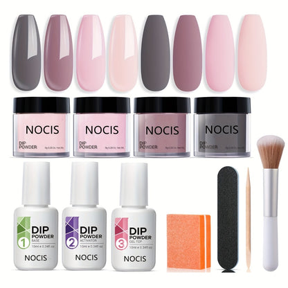 Dip Powder Nail Kit 11pcs Complete Set - 4 Colors Nude Grey Pink No Lamp Base Coat Top Coat Activator Nail Tools French Manicure Home Salon