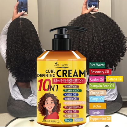 Curl Defining Cream Leave-In Moisturizing Styling Cream 10-in-1 Anti-Frizz Hydrating Conditioner for Curly Wavy Natural Hair Unisex 280ml