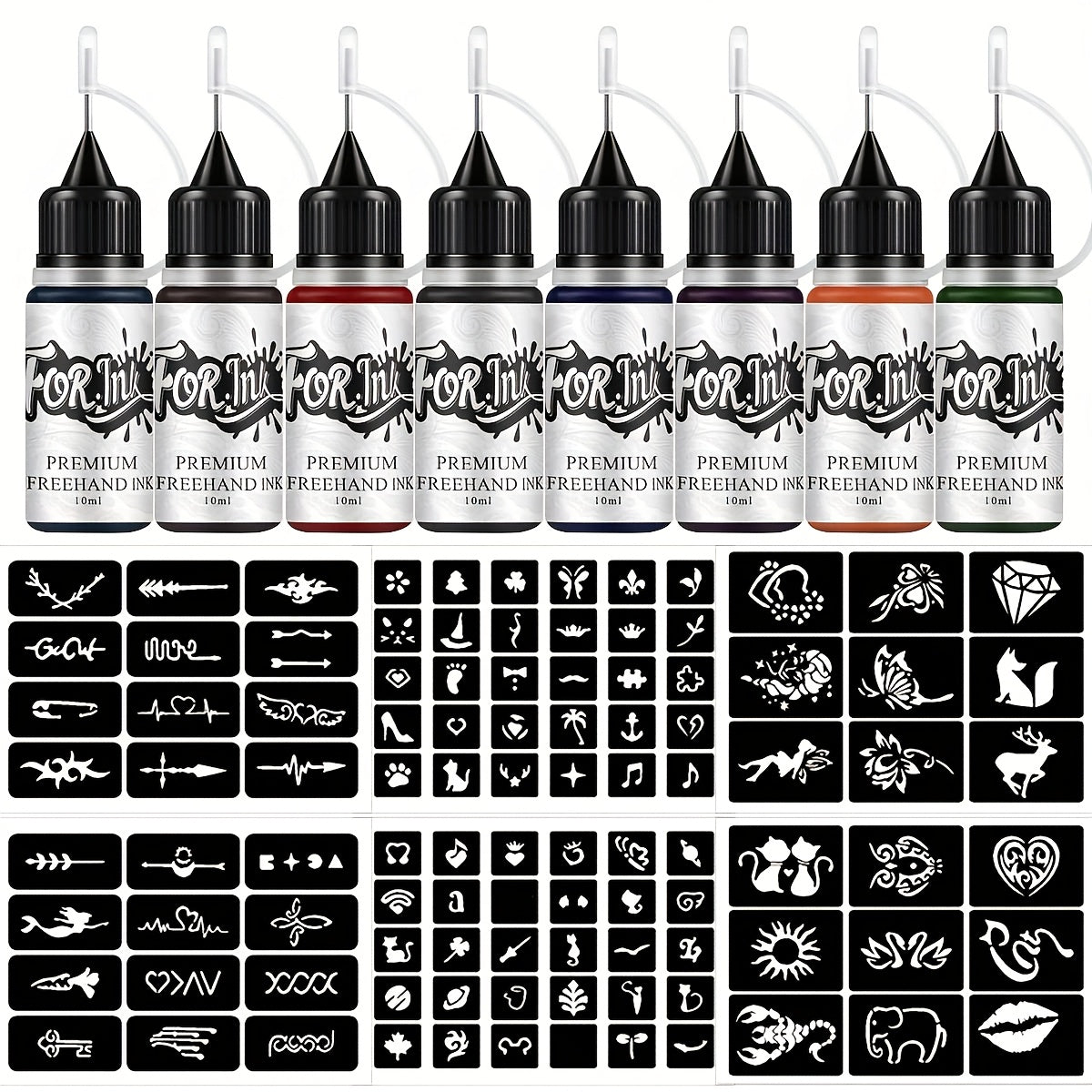 Tattoo Ink Set 8 Bottles — Semi-Permanent Waterproof Body Art Ink with Hollow Stencils, Mixed Colors, Long-Lasting Formula for Parties, Festivals & Special Occasions