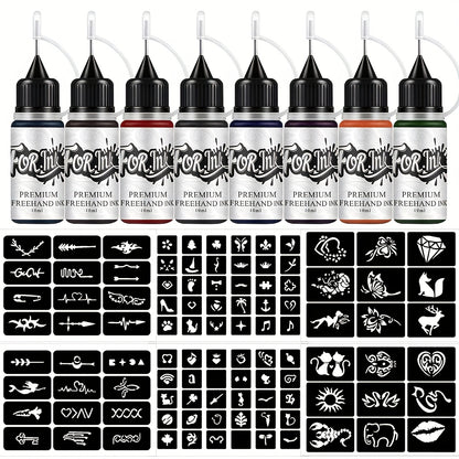 Tattoo Ink Set 8 Bottles — Semi-Permanent Waterproof Body Art Ink with Hollow Stencils, Mixed Colors, Long-Lasting Formula for Parties, Festivals & Special Occasions