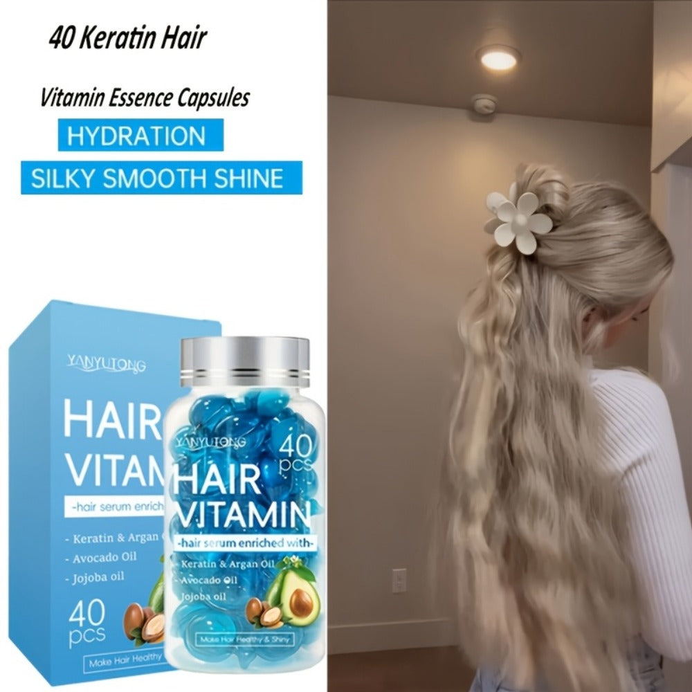 Hair Oil Capsules 40pcs — Keratin Hair Vitamin Essence with Moroccan Argan Oil, Avocado Oil & Jojoba Oil | Deep Nourishing & Smoothing Treatment for All Hair Types