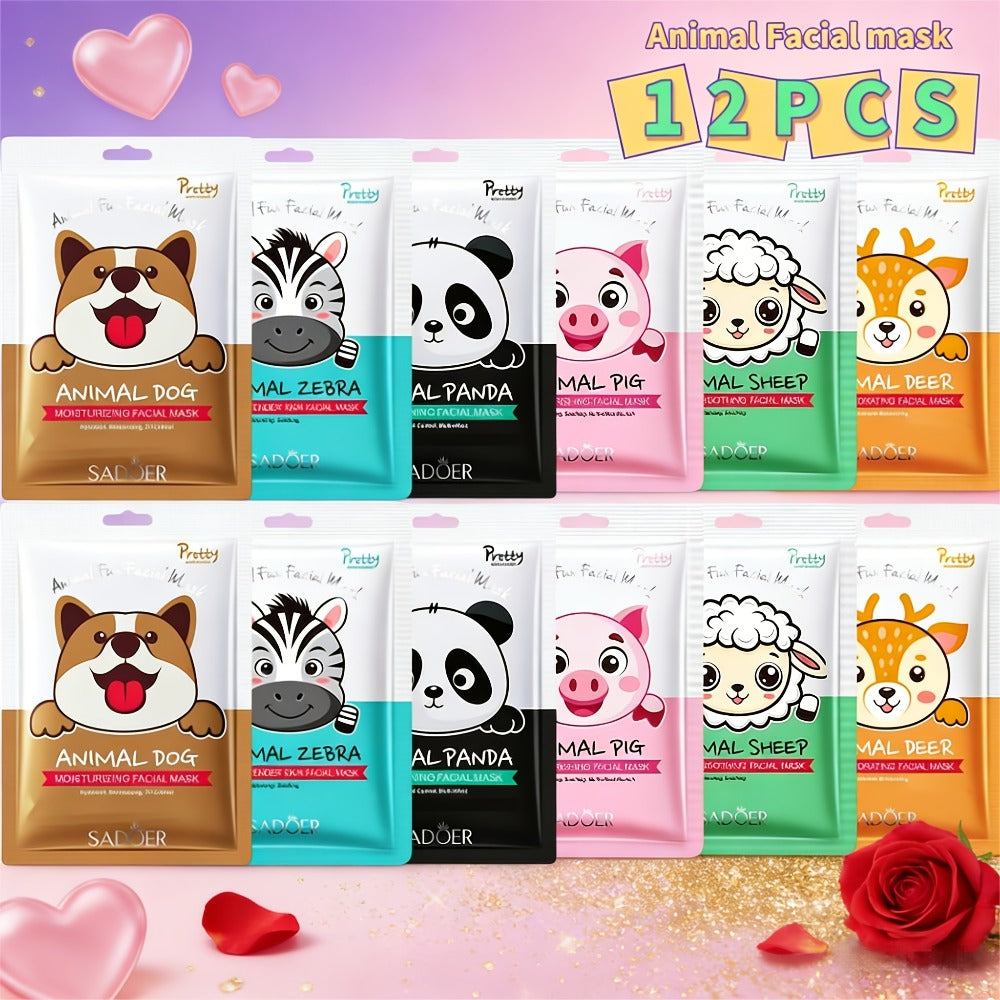 12pcs Fun Animal Printed Hydrating Face Masks for Skincare - Featuring Panda, Zebra, Piglet, Lamb, Puppy, And Sika Deer, Perfect for Moisturizing in Spring And Summer