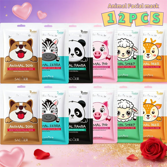 12pcs Fun Animal Printed Hydrating Face Masks for Skincare - Featuring Panda, Zebra, Piglet, Lamb, Puppy, And Sika Deer, Perfect for Moisturizing in Spring And Summer