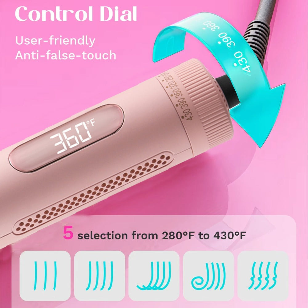 2-in-1 Pink Heated Curling Iron, Flat Iron and Curler, Heat-Free Curling Iron, 360° Adjustable, 5-Level Hot/Cold Air Adjustment, Fast & Dual Voltage, for Long and Short Hair