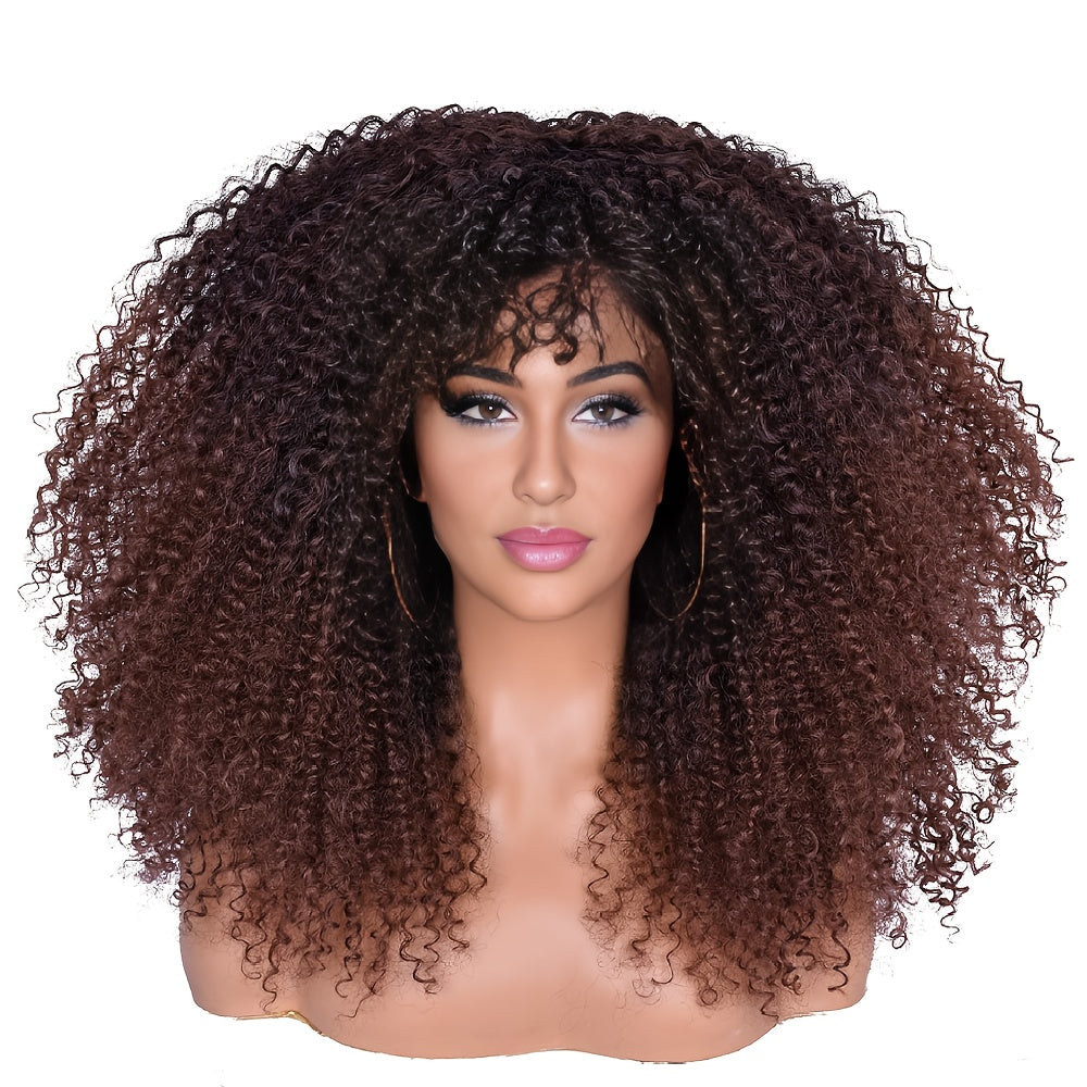 Afro Bomb Curly Wig with Bangs Synthetic Fiber Glueless Long Kinky Curly Hair Wigs, Machine Made Glueless Heat Resistant Synthetic African Wig Ombre Blonde Mixed Color Afro Wigs with Highlight Brown Blonde Red Black Color for Choice