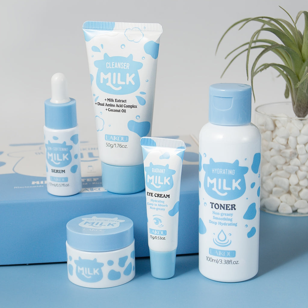 A Skincare Set That Nourishes Your Skin with Milk, Featuring Five Pieces Enriched with Milk Extract, Niacinamide, Alpha-Arbutin, And Vitamin E, Ideal for Dry to Normal Skin. A Perfect Gift for Occasions Like Valentine'S Day, Mother'S Day