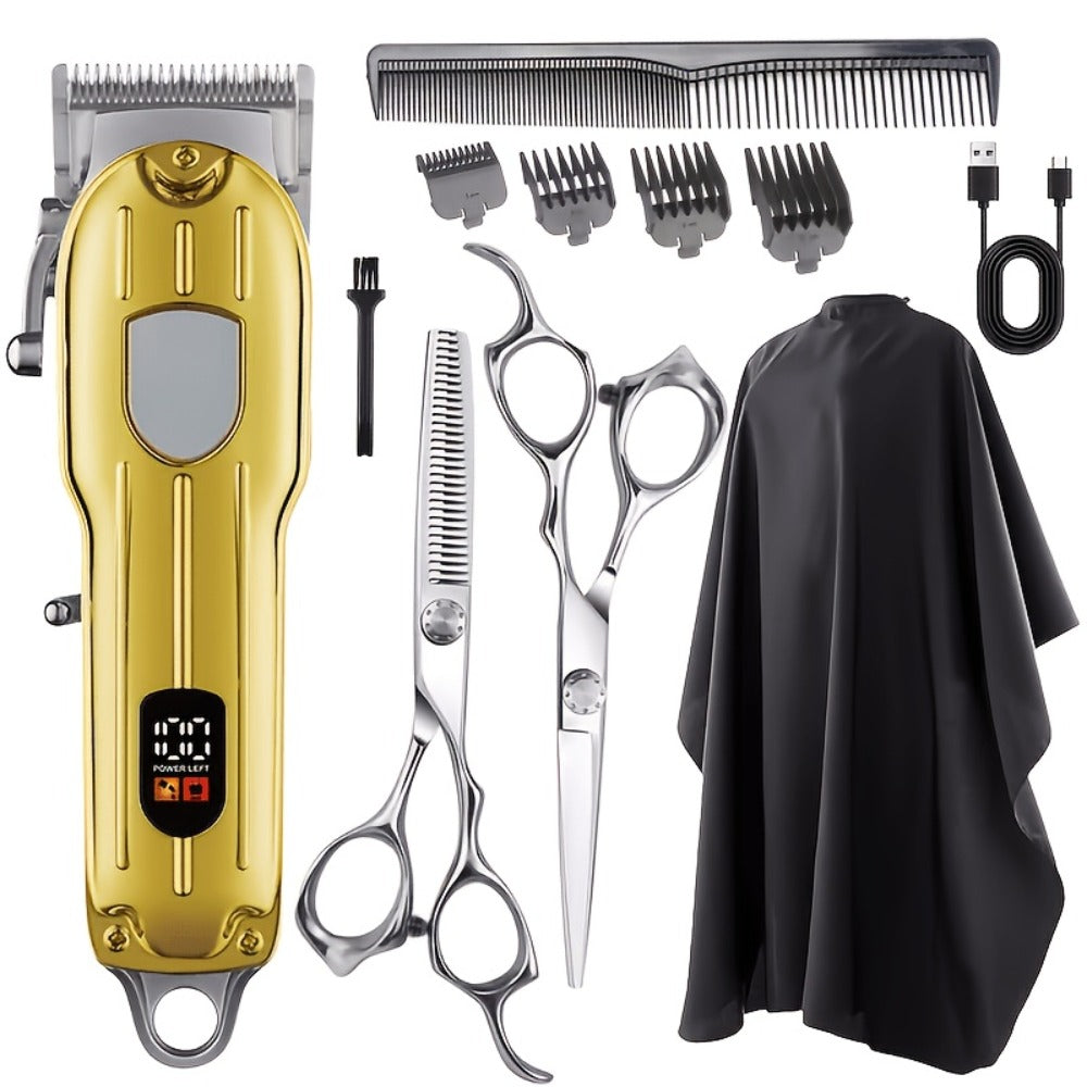 Barber Hair Clipper Kit for Men Professional USB Rechargeable Digital Size Adjustment Complete Set with Scissors 4 Limit Combs Cleaning Brush Gift for Dad Husband