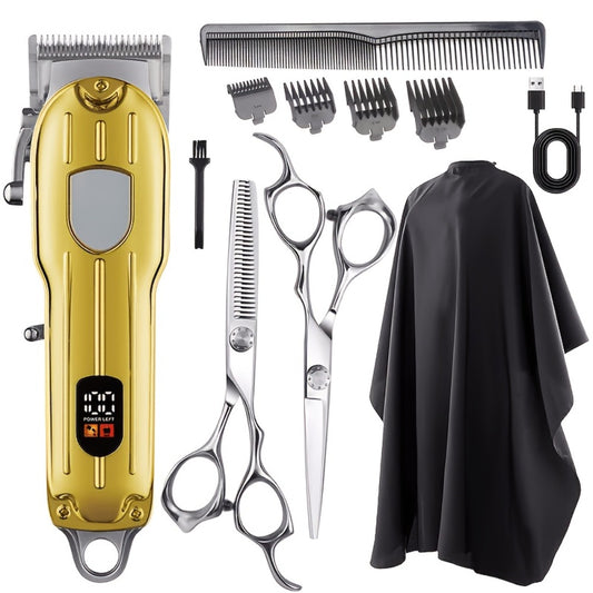 Barber Hair Clipper Kit for Men Professional USB Rechargeable Digital Size Adjustment Complete Set with Scissors 4 Limit Combs Cleaning Brush Gift for Dad Husband