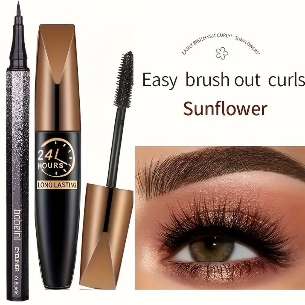 Mascara 8D Fiber Volume & Lengthening Smudge-Proof Waterproof Lash Enhancer, Long-Lasting Black Mascara Set with Eyeliner Pencil, Luxury Beauty Gift for Her