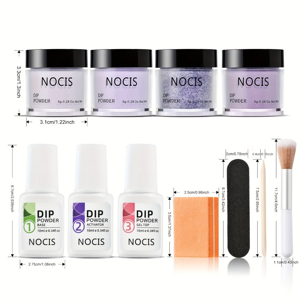 NOCIS Dip Powder Nail Kit Starter, 4 Colors Lilac Lavender Purple Glitter Nail Dipping Powder Essential Liquid Set with Base Top Coat Activator French Nail Art DIY At Home Manicure Salon All-in-One Beginner Kit