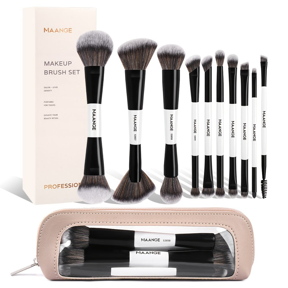 10pcs MAANGE Professional Double-Headed Blush And Eyeshadow Makeup Brush with Cosmetic Bag - Dual-Ended Facial Brush Suitable for Beginners And Pros, Soft Nylon Bristles, Non-Sticky Face, Precise Application for Powder/Products