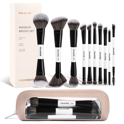 Makeup Brush Set 10PCS Double-Ended Blush & Eyeshadow Brushes with Cosmetic Bag - Soft Nylon Bristles Dual-Ended Professional Face Brush Kit for Beginners & Pros