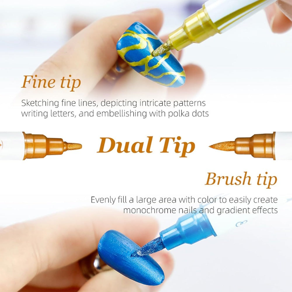 10 Color Metallic Nail Art Pens Set with 12pcs Nail Stickers| Due-Headed 3D Nail Polish Pen| Acrylic Doodle Nail Markers, Nail Paint Dot Stitching Pens, Graffiti Pens for Home Salon Nail Gift Graduation