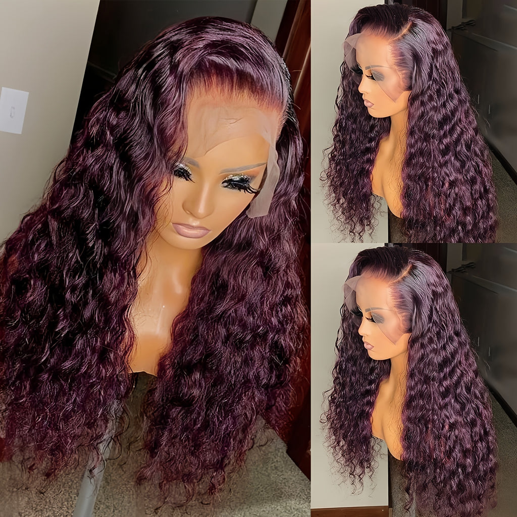 200% Density Burgundy Curly Deep Wave Frontal Wig Glueless HD Transparent Lace Front with Pre-Plucked Hair - 99J Bleached Knots Look Suitable for Women, Long-Lasting Volume & of Application