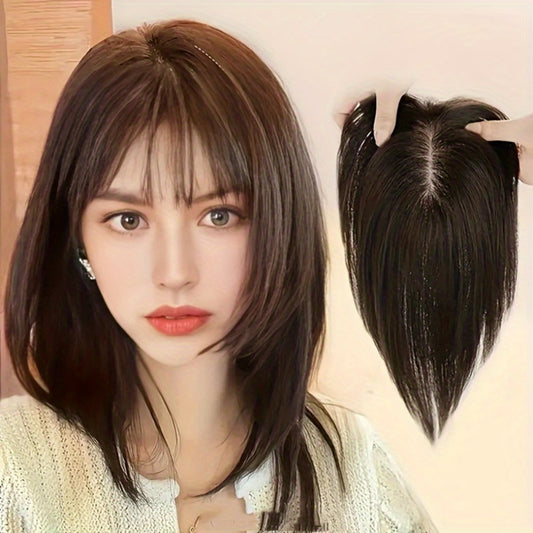 9.8In Women'S Long Hair with Bangs on Top of Hair Extension Piece, White Hair Top Cover-Up Device, Women'S Top Hair Extension Piece, Women'S Hair Volume Increase Top Wig, Women'S Lightweight Hair Patch