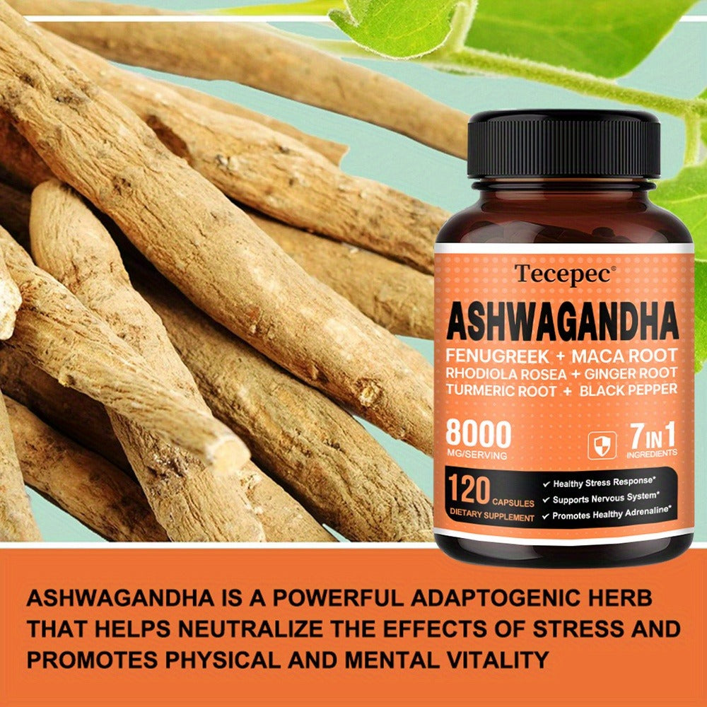 7-in-1 Supplement Containing Ashwagandha, Maca, Rhodiola Rosea, Ginseng, Etc. - Supports Stress And Nerve Health - 120 Capsules(Choose 1 Or 2 Bottles)