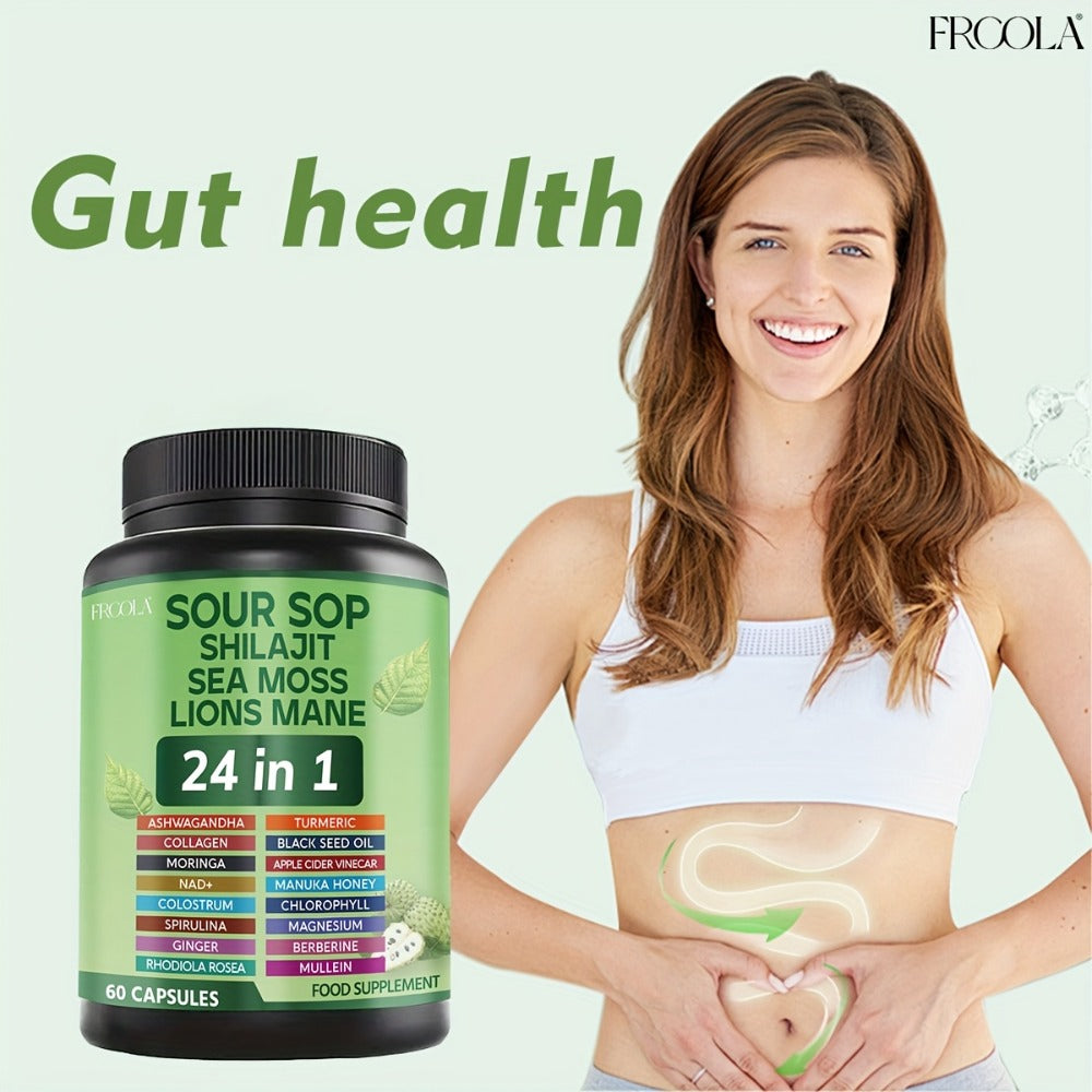 [Daily Wellness Supplement] Natural Soursop, Shilajit, Sea Moss, Lions for Mane 24 IN 1 Capsule - 2238Mg Formula for Immune & Liver Health, Daily Wellness Supplement for Man And Woman - 120 Count
