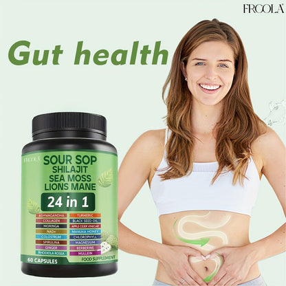 24-in-1 Daily Wellness Capsules with Soursop, Shilajit, Sea Moss & Lion's Mane – 2238mg Immune & Liver Health Formula for Men & Women | 120 Count | ShopVora UK