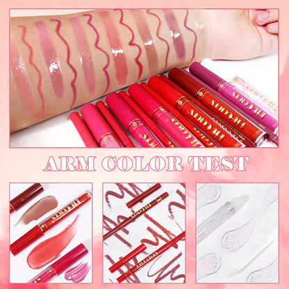 Lip Gloss and Lip Liner Set 13-Piece Matte Non-Stick Waterproof Long-Lasting Moisturizing Lip Glaze Combo Kit Beauty Gift for Women