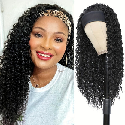 Headband Wig Curly Wavy Black Synthetic Glueless No Lace Elastic Cap Heat Resistant Fiber Beginner Friendly for Women Daily Wear Party Cosplay 12 16 22 Inch