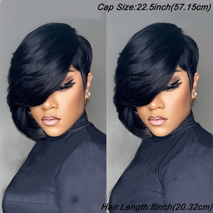 Pixie Cut Human Hair Wig with Bangs 8 Inch 200% Density Glueless Side Part Layered Straight Rose Net Cap Throw On and Go Women #1 #4 #99J Daily Party