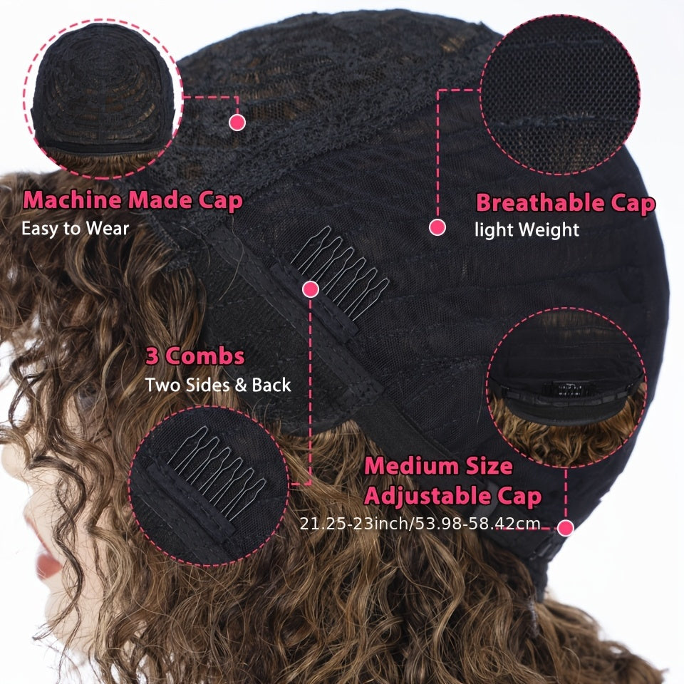 Highlight Short Kinky Curly Human Hair Wigs with Bangs Easy Wear Glueless Wig Brazilian Remy Short Curly Bangs Wig Human Hair for Women